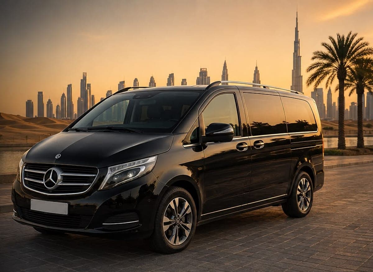 A black Mercedes-Benz V250 chauffeur van on the waterfront with the Dubai skyline behind it