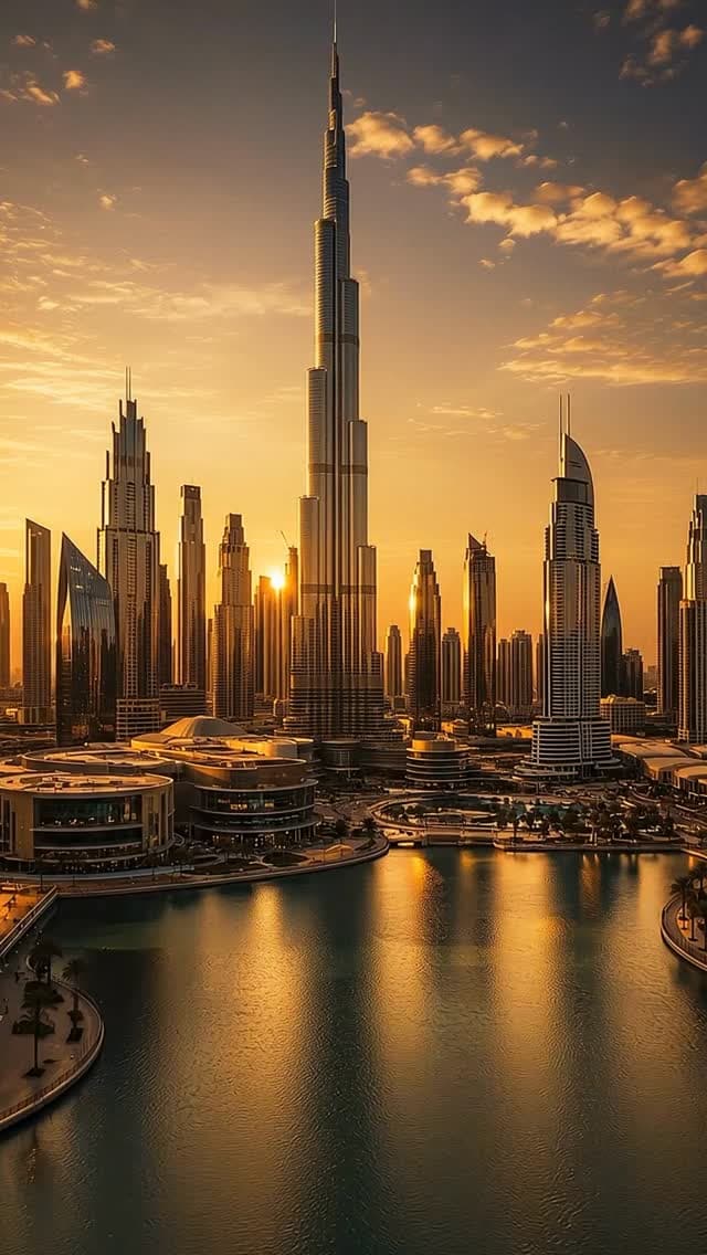Downtown Dubai at sunset, the Burj Khalifa above the skyline over the fountain lake