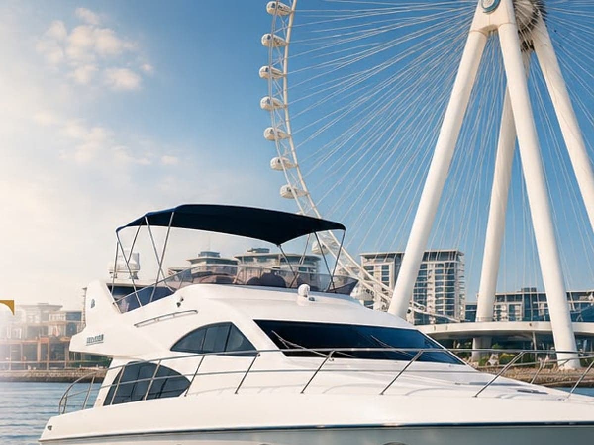The 48ft yacht moored on the water in front of Ain Dubai at Bluewaters