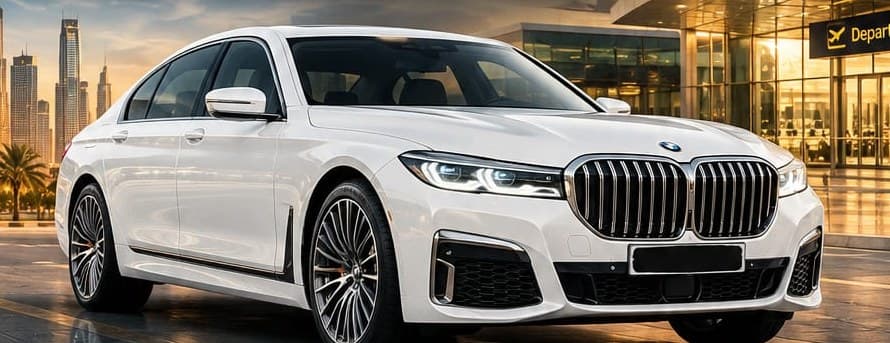 The white BMW 7 Series parked outside a lit terminal building, palms and the Dubai skyline behind it