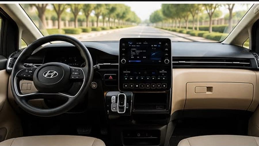 The Staria's driver's seat, wheel and centre screen