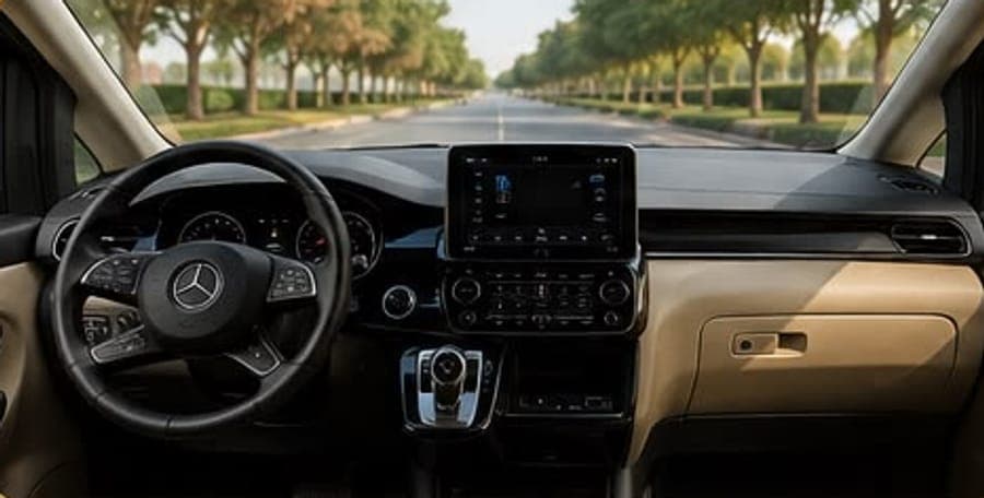 The V250's driver's seat, wheel and centre screen