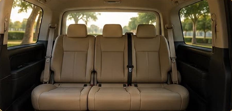The V250's rear bench in beige leather, three seats across