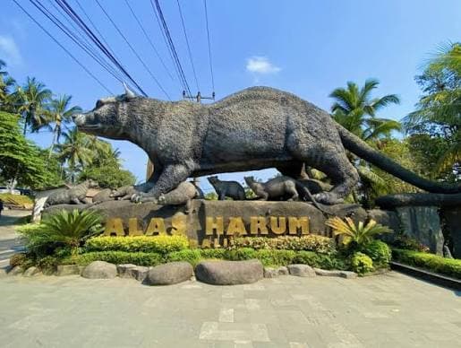 The Alas Harum entrance gate in Ubud, framed by palms under a blue sky