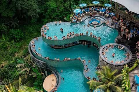 A tiered infinity pool carved into the Ubud jungle, seen from above