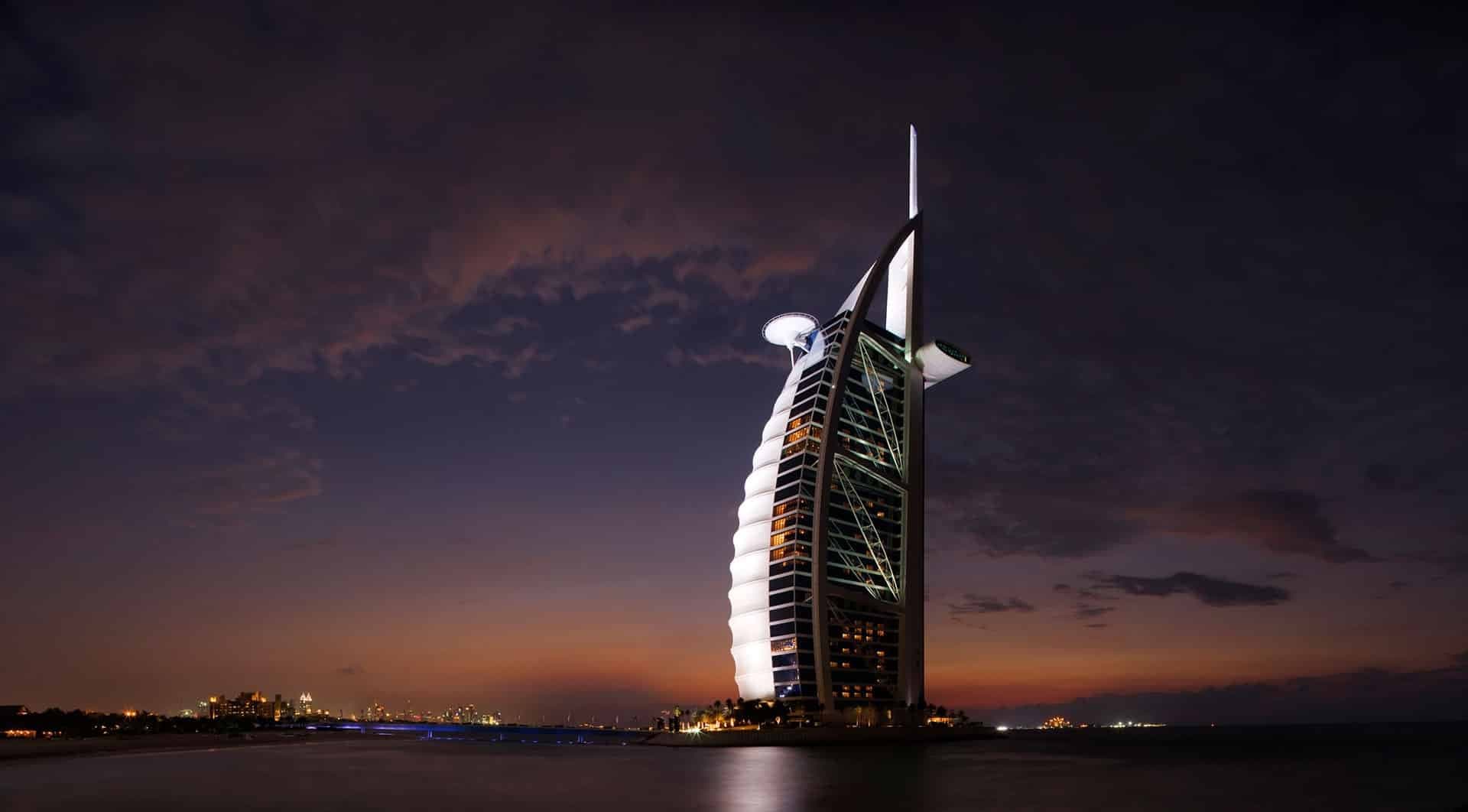 The Burj Al Arab on the Jumeirah coast at dusk