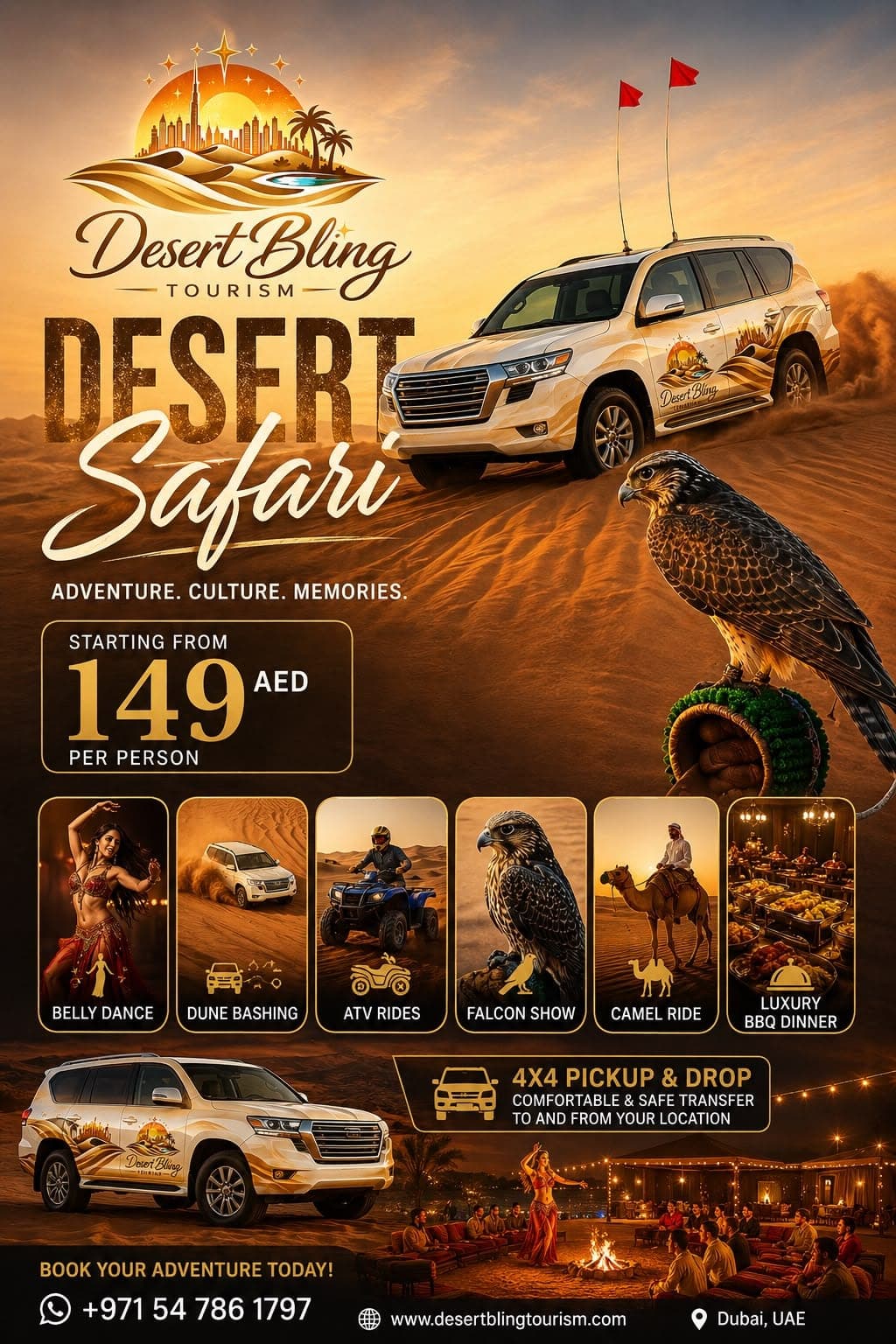 The Desert Bling Tourism desert safari flyer, listing the safari inclusions and the AED 149 starting price